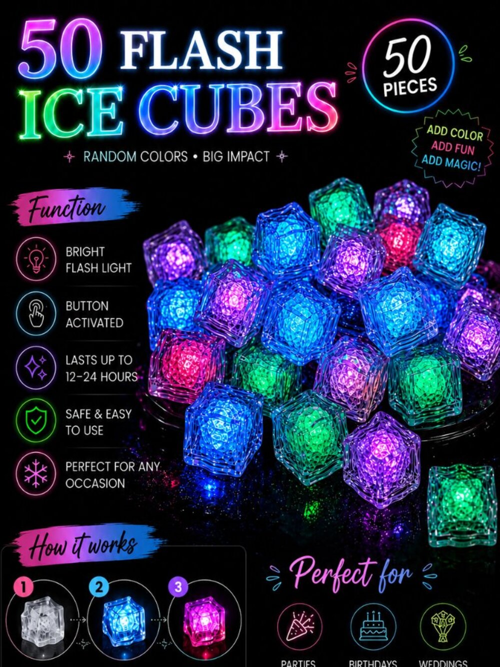 50 Flashing LED Ice Cubes Reusable Light Up Drink Cubes Party Bar Lights